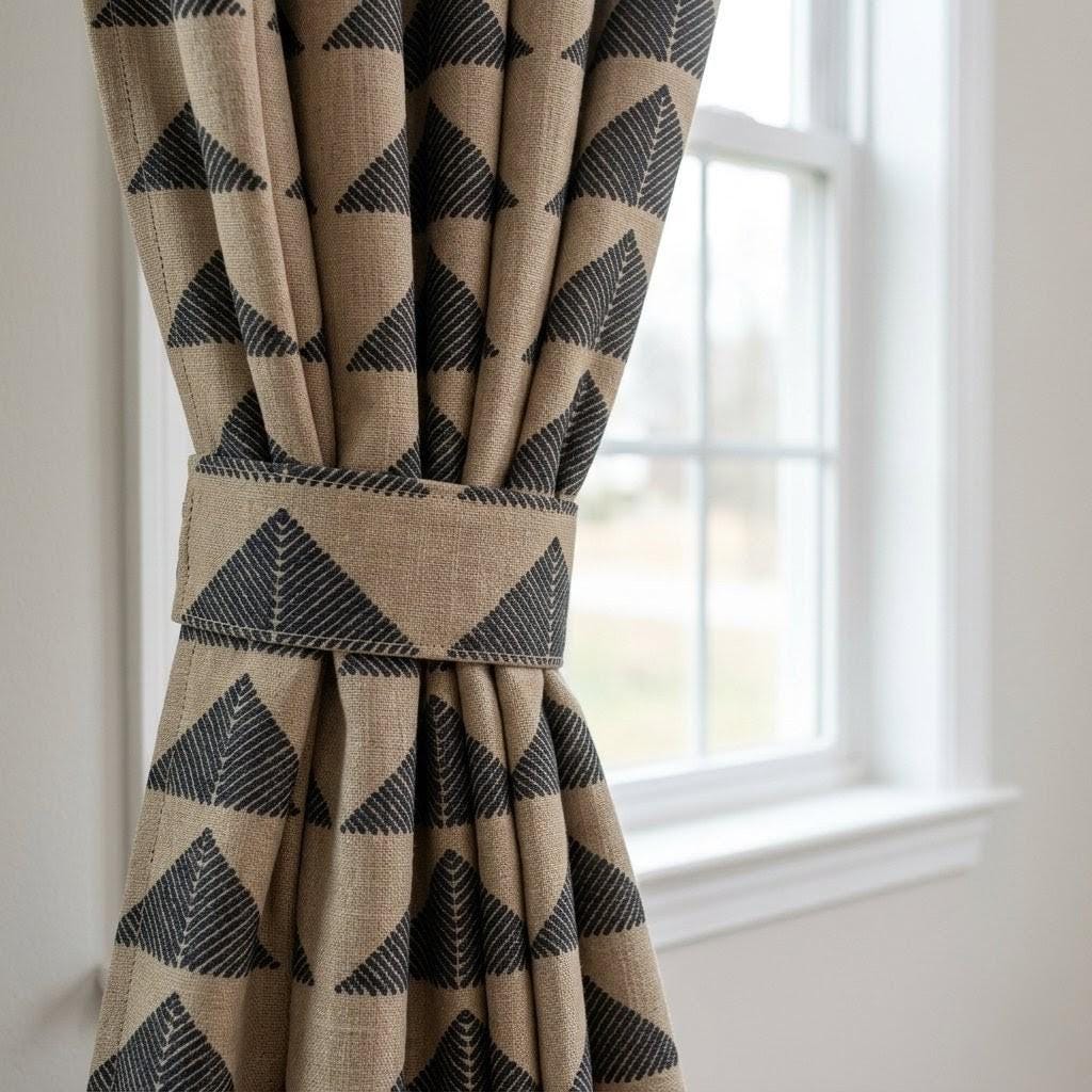 Boho Tribal Linen Curtains, Natural Beige Charcoal Pyramid Print Drapes, Heavyweight Panel — image 2