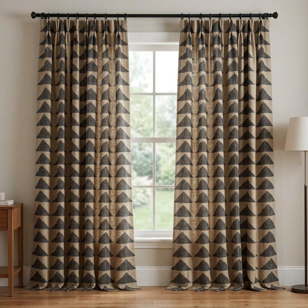 Boho Tribal Linen Curtains, Natural Beige Charcoal Pyramid Print Drapes, Heavyweight Panel — image 8