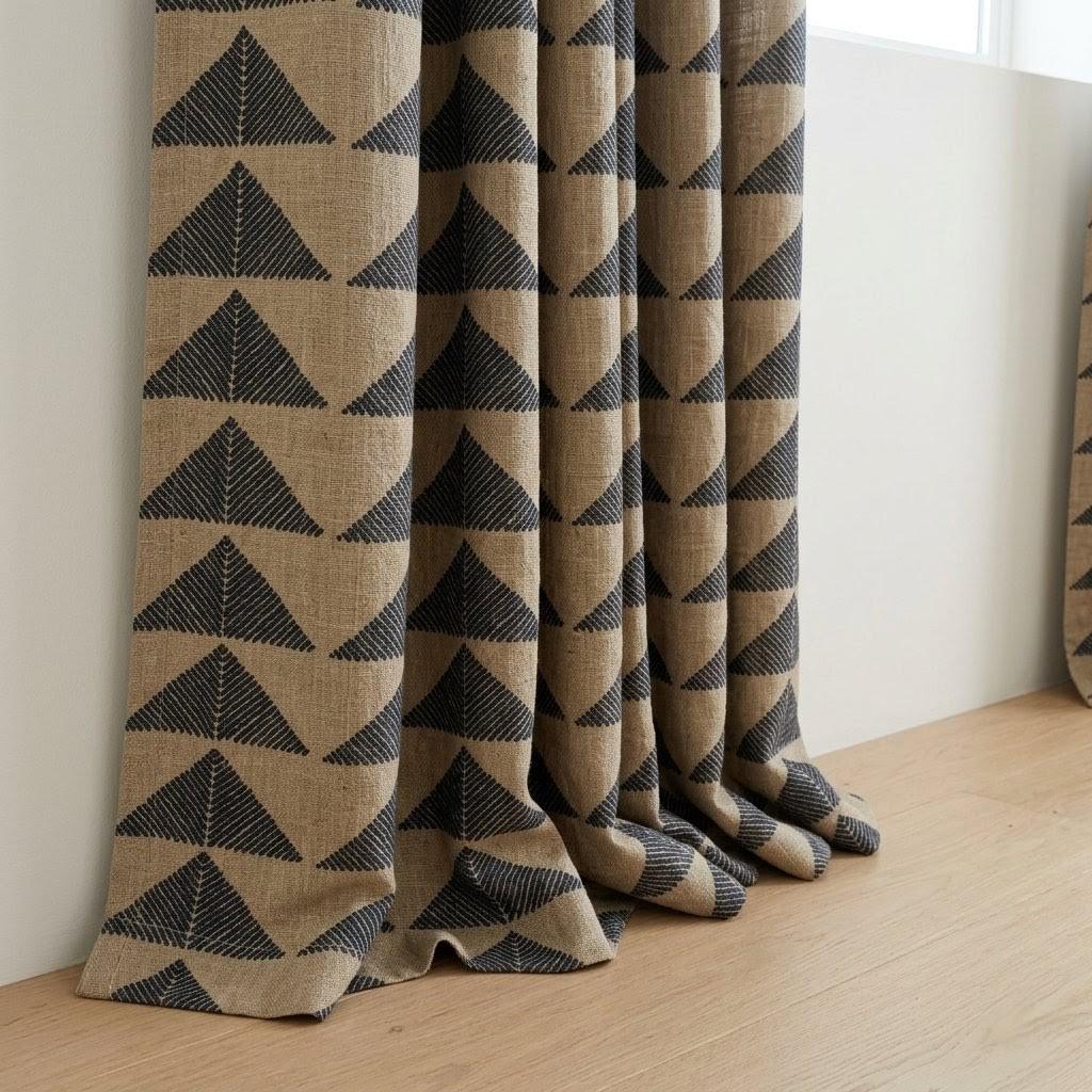 Boho Tribal Linen Curtains, Natural Beige Charcoal Pyramid Print Drapes, Heavyweight Panel — image 3