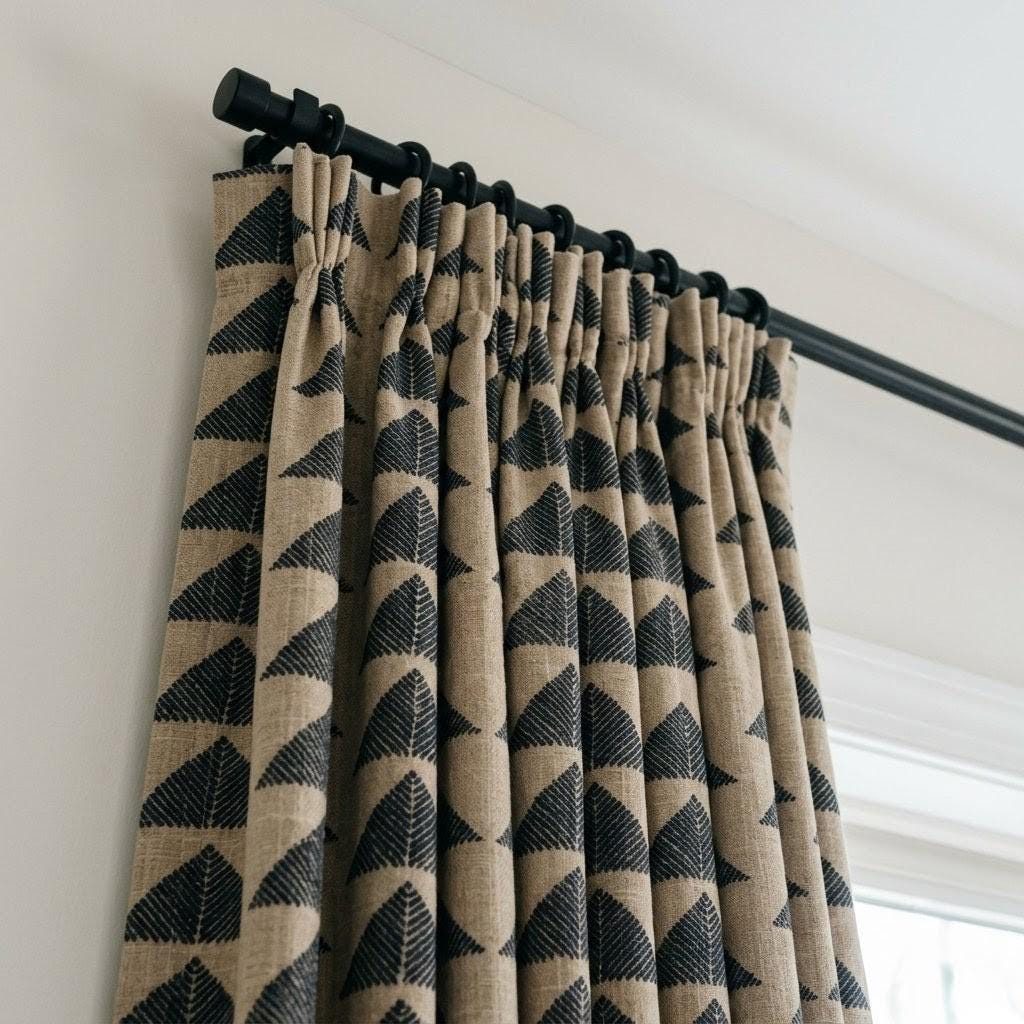 Boho Tribal Linen Curtains, Natural Beige Charcoal Pyramid Print Drapes, Heavyweight Panel — image 6