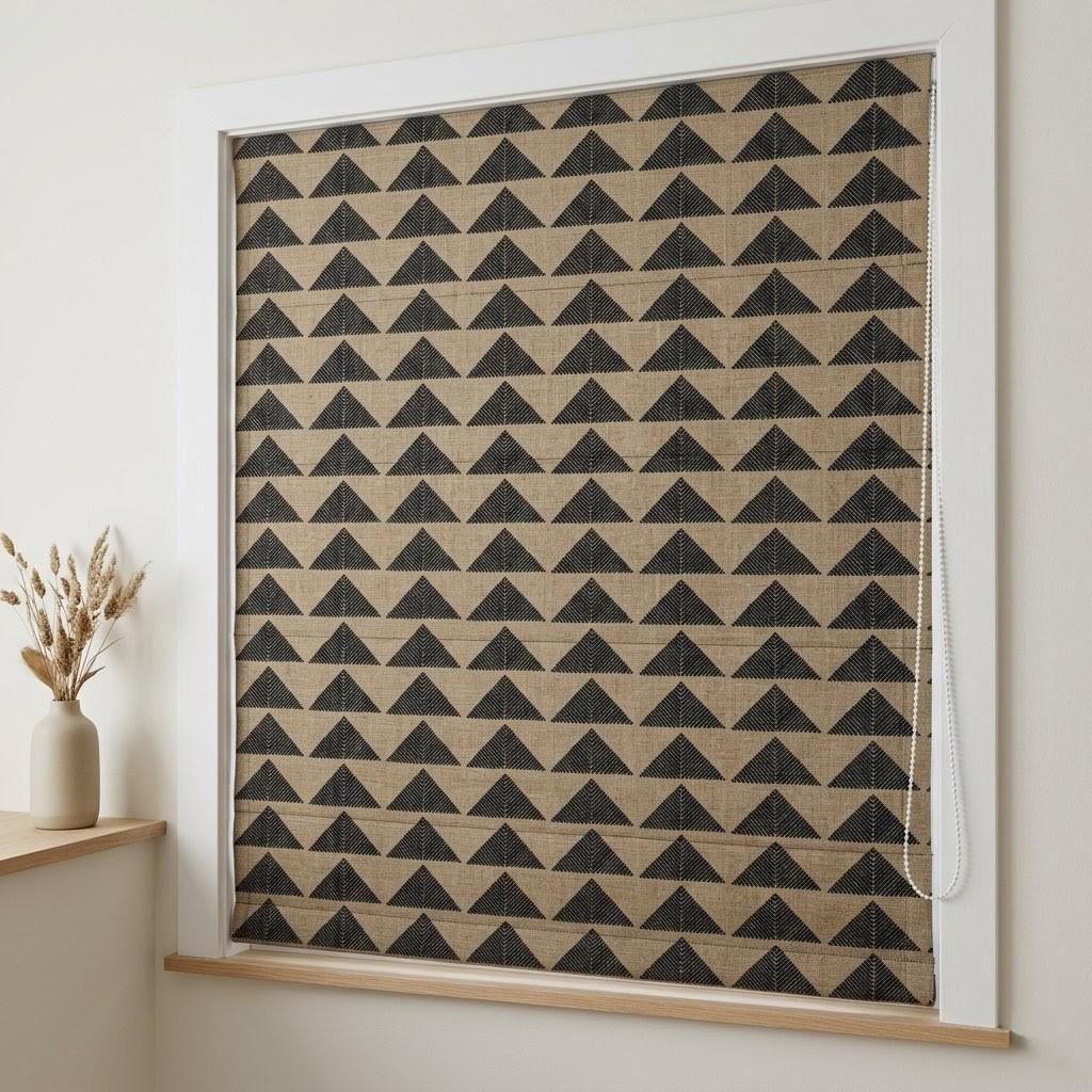 Black Beige Tribal Linen Roman Shade, Boho Geometric Corded Roman Blind, Custom Blackout Window Shade, Southwestern — image 3