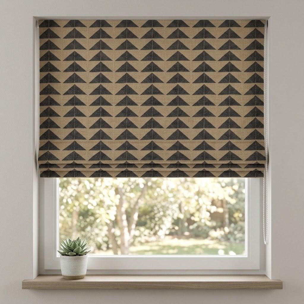 Black Beige Tribal Linen Roman Shade, Boho Geometric Corded Roman Blind, Custom Blackout Window Shade, Southwestern — image 9