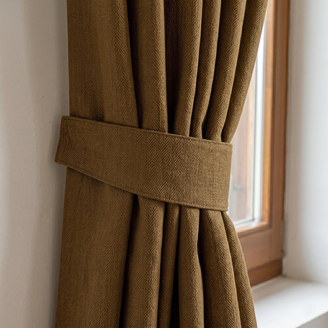 Golden Brown Herringbone Linen Curtains, Camel Tan Heavy Drapes, Rustic Farmhouse Custom Blackout or Cotton Lined — image 1