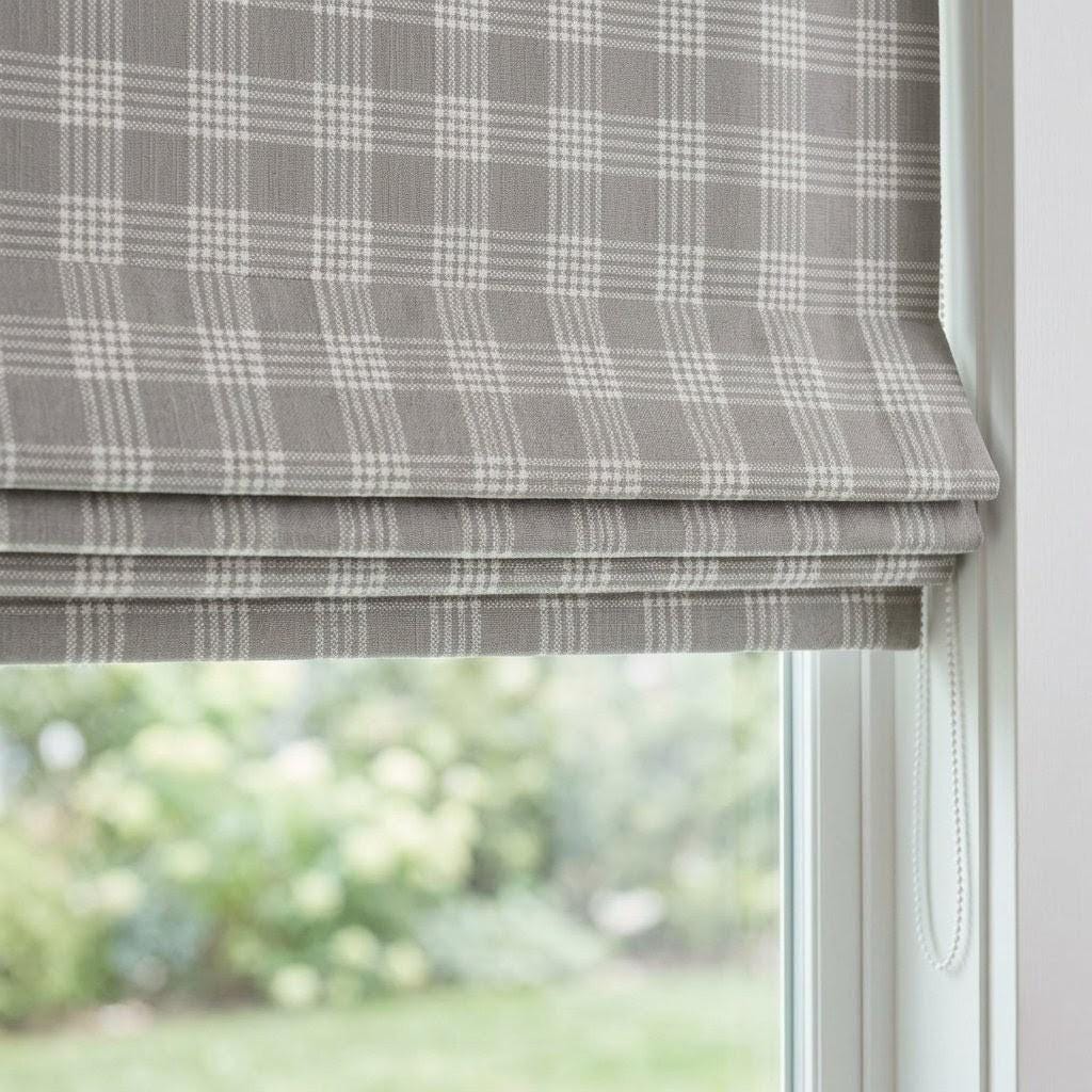 Grey Plaid Linen Roman Shade, Farmhouse Style, Custom Corded Blind — image 3