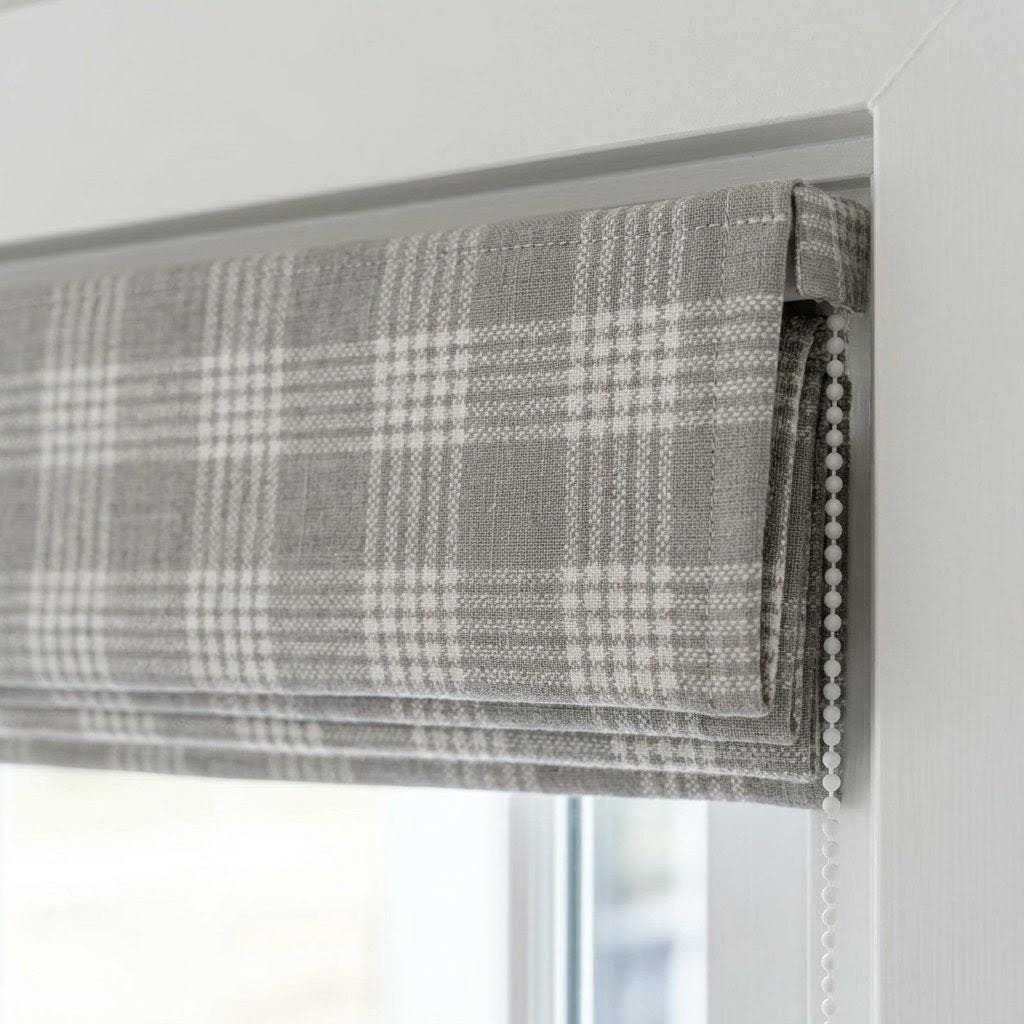 Grey Plaid Linen Roman Shade, Farmhouse Style, Custom Corded Blind — image 6