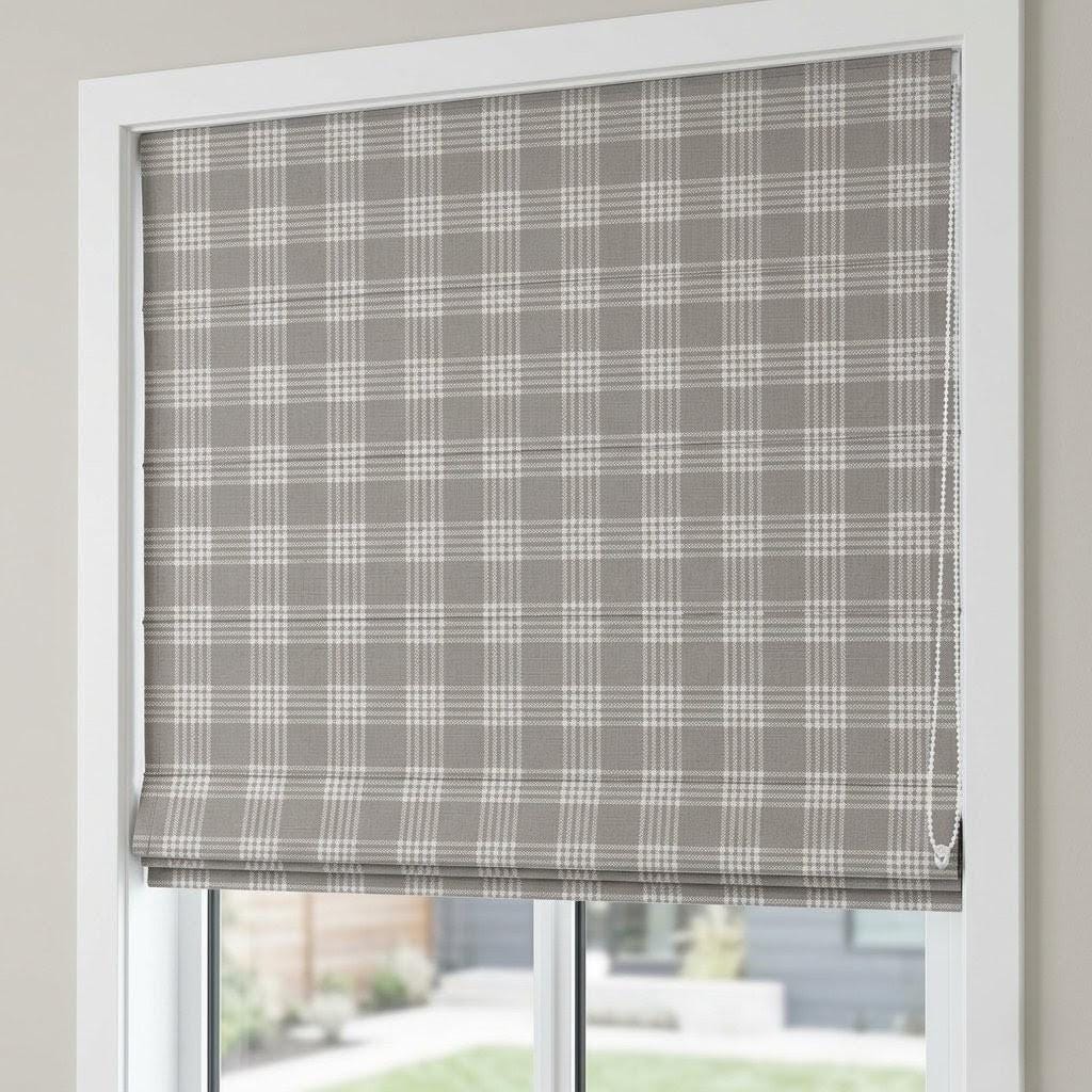 Grey Plaid Linen Roman Shade, Farmhouse Style, Custom Corded Blind — image 2