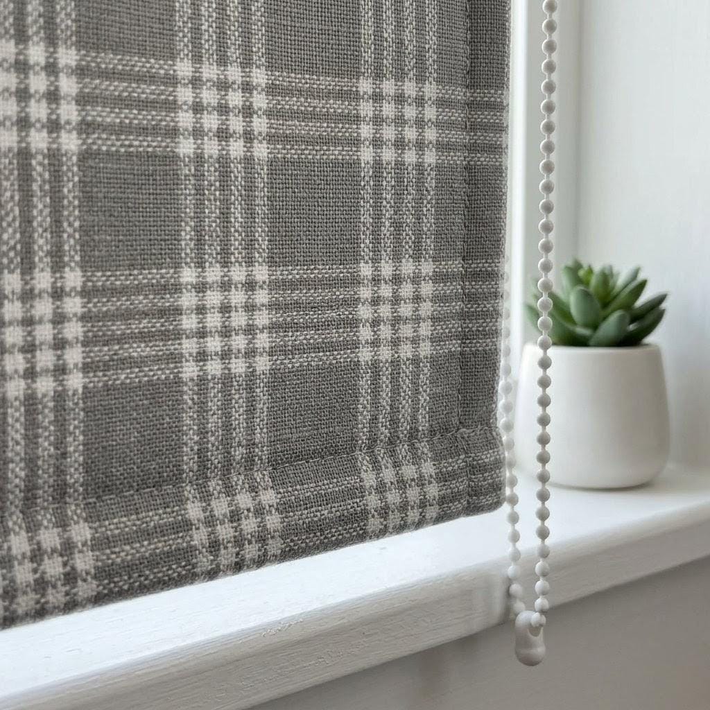 Grey Plaid Linen Roman Shade, Farmhouse Style, Custom Corded Blind — image 7
