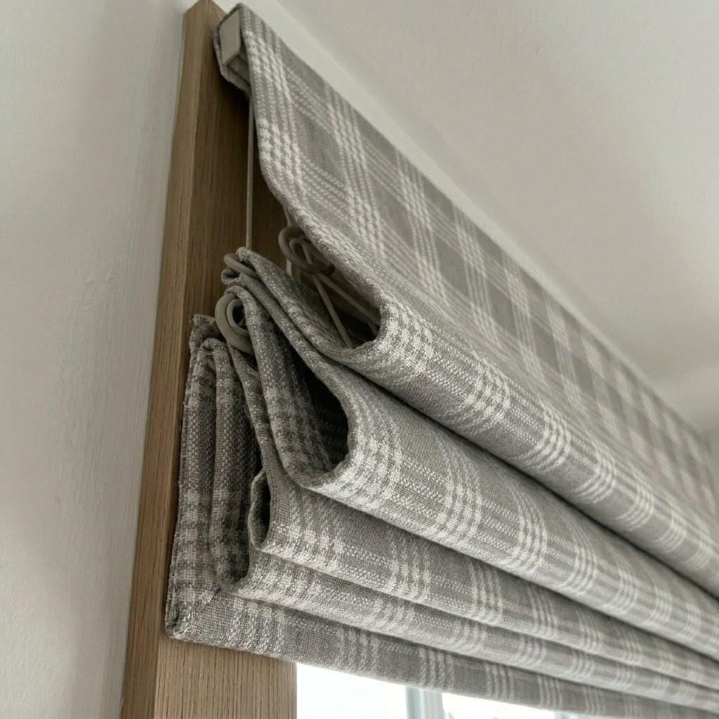 Grey Plaid Linen Roman Shade, Farmhouse Style, Custom Corded Blind — image 9