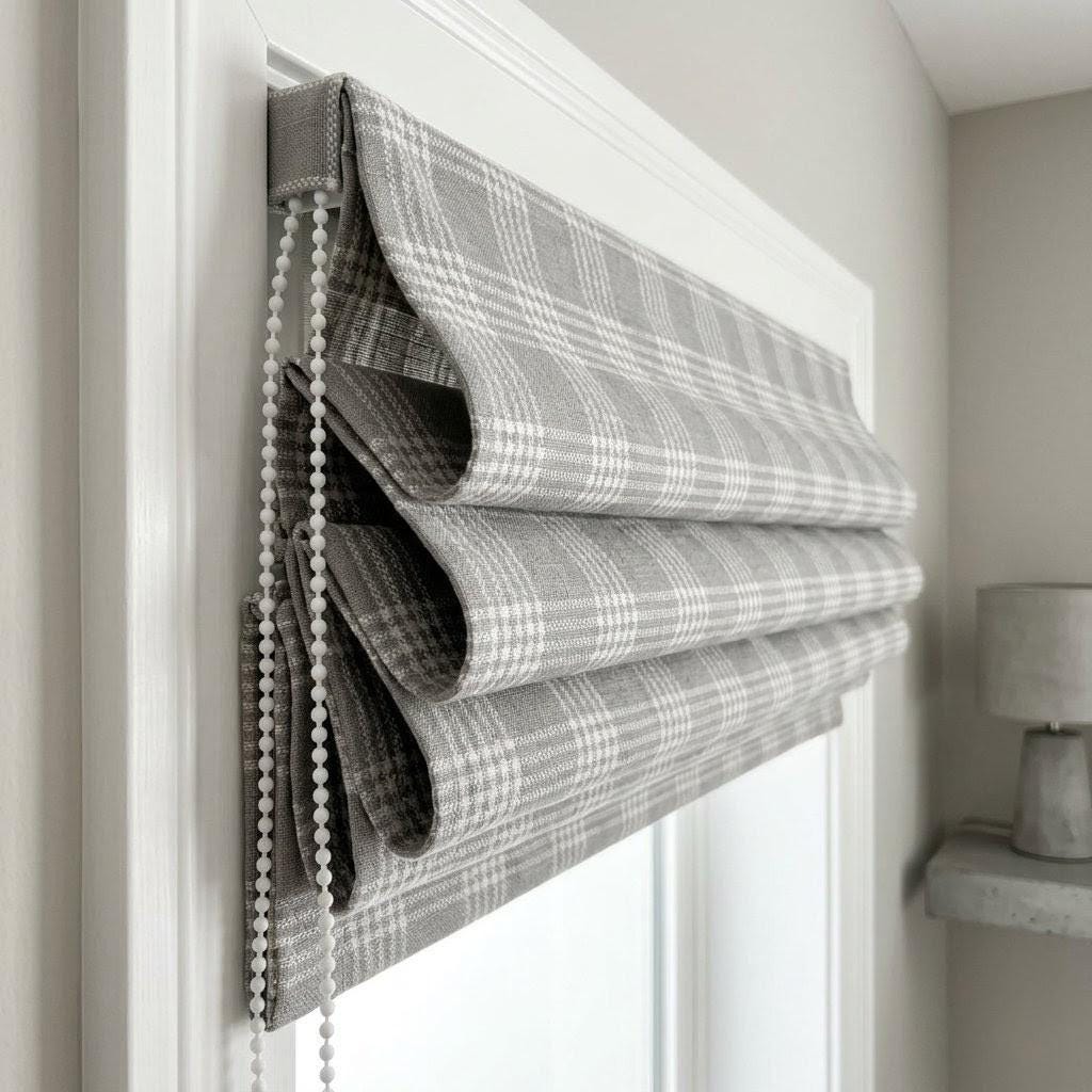 Grey Plaid Linen Roman Shade, Farmhouse Style, Custom Corded Blind — image 8