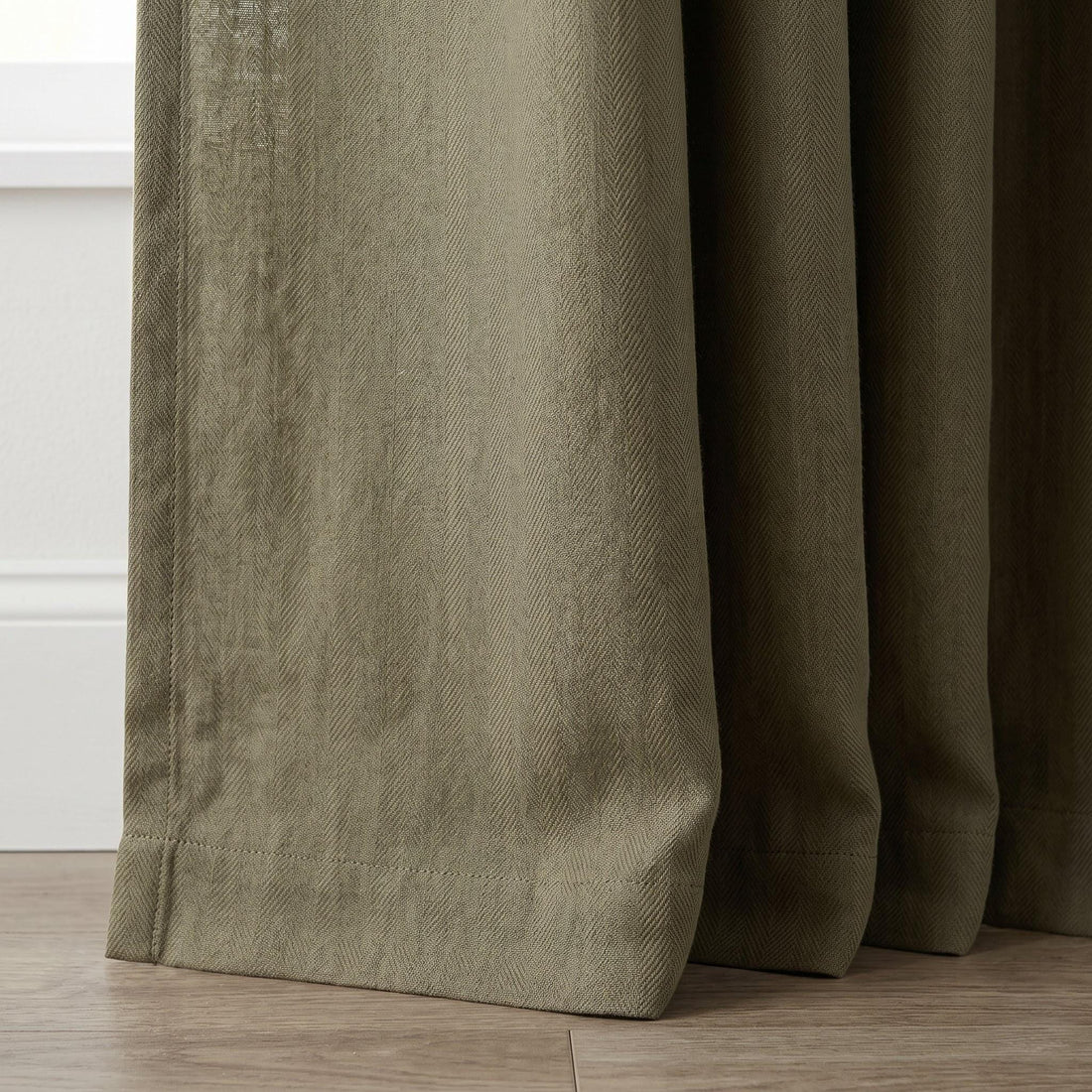 Sage Olive Herringbone Linen Curtains, Khaki Green Heavy Drapes, Rustic Farmhouse Custom Blackout or Cotton Lined — image 1