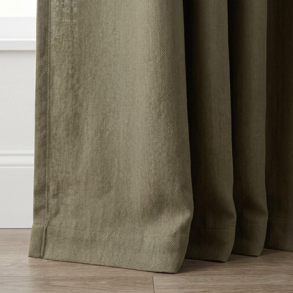 Sage Olive Herringbone Linen Curtains, Khaki Green Heavy Drapes, Rustic Farmhouse Custom Blackout or Cotton Lined — image 2