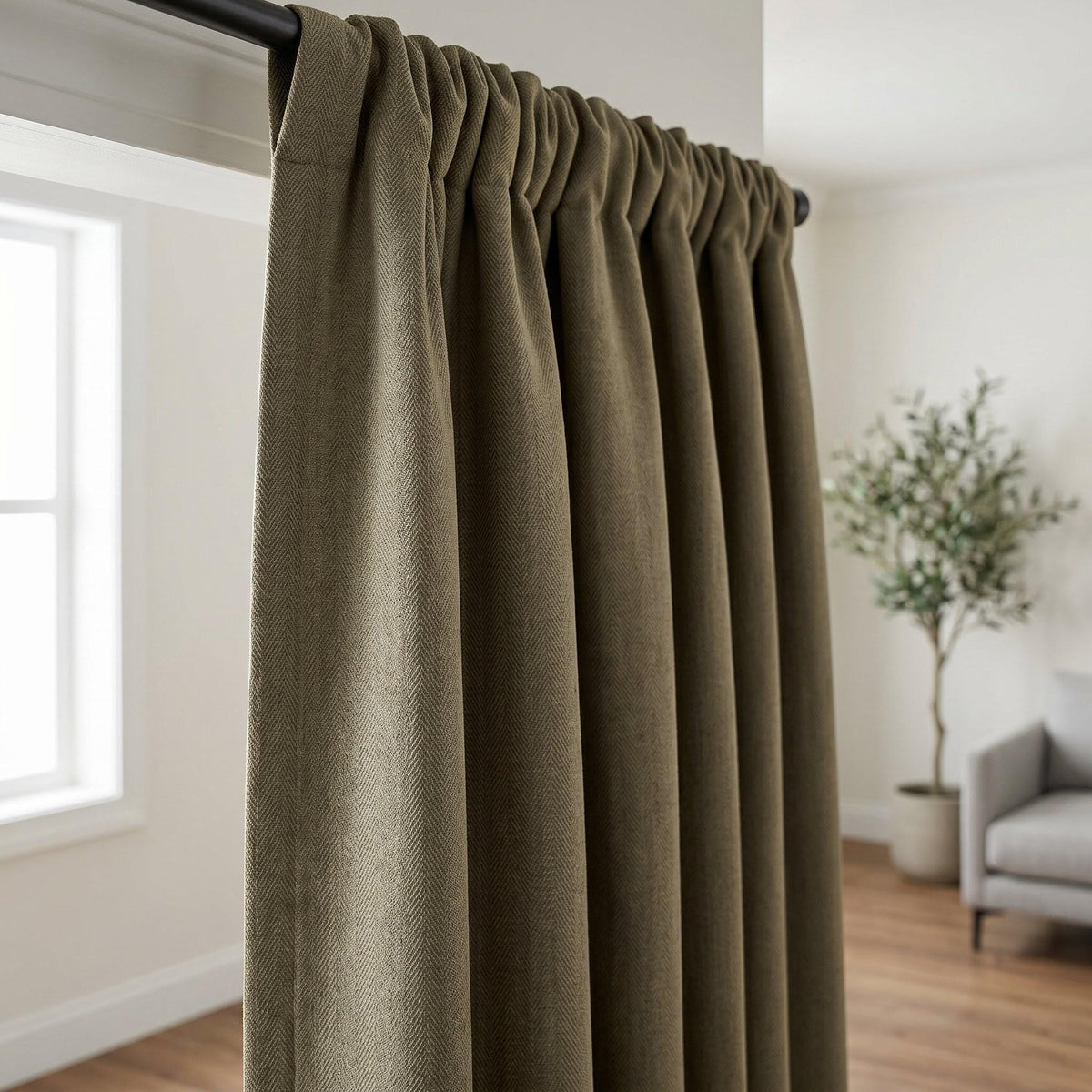 Sage Olive Herringbone Linen Curtains, Khaki Green Heavy Drapes, Rustic Farmhouse Custom Blackout or Cotton Lined — image 10