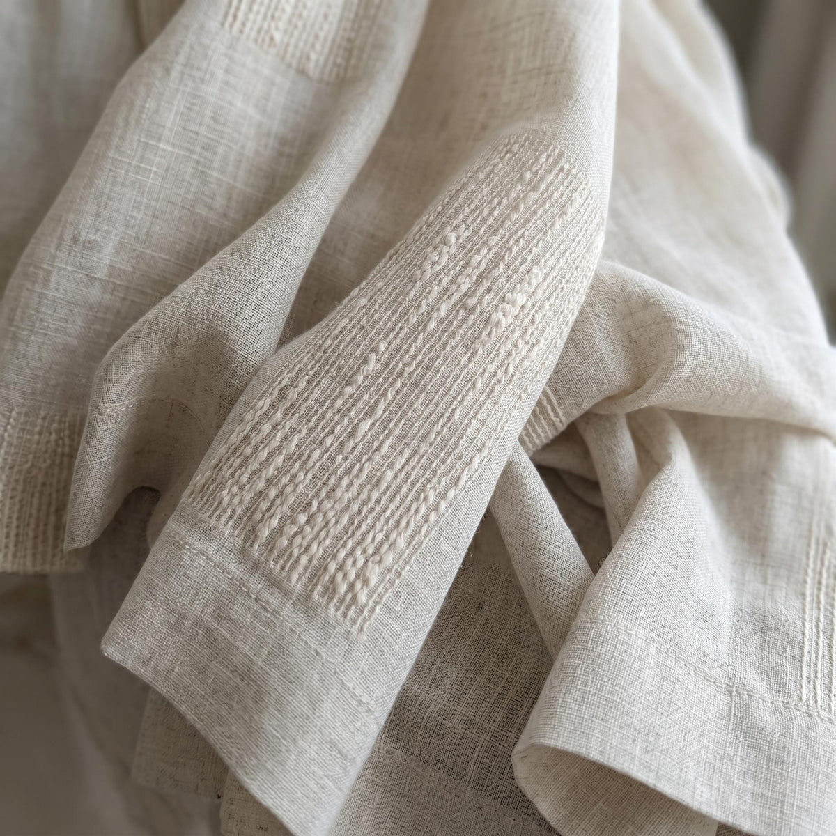 Oatmeal Pure Linen Sheer Curtains, Cream Embroidered Drapes, Geometric Textured Privacy Panels, Custom Neutral Window Panels — image 6