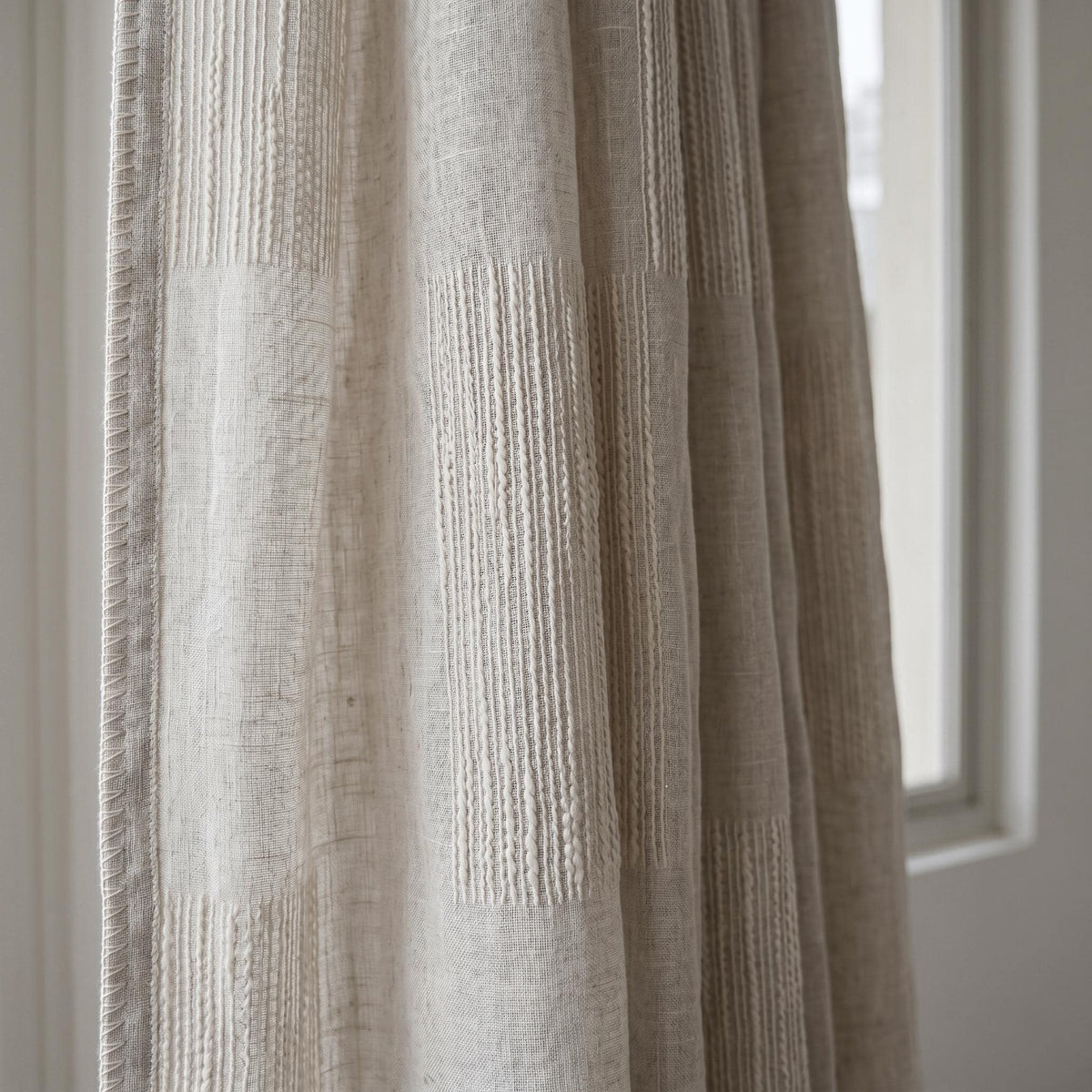 Oatmeal Pure Linen Sheer Curtains, Cream Embroidered Drapes, Geometric Textured Privacy Panels, Custom Neutral Window Panels — image 1