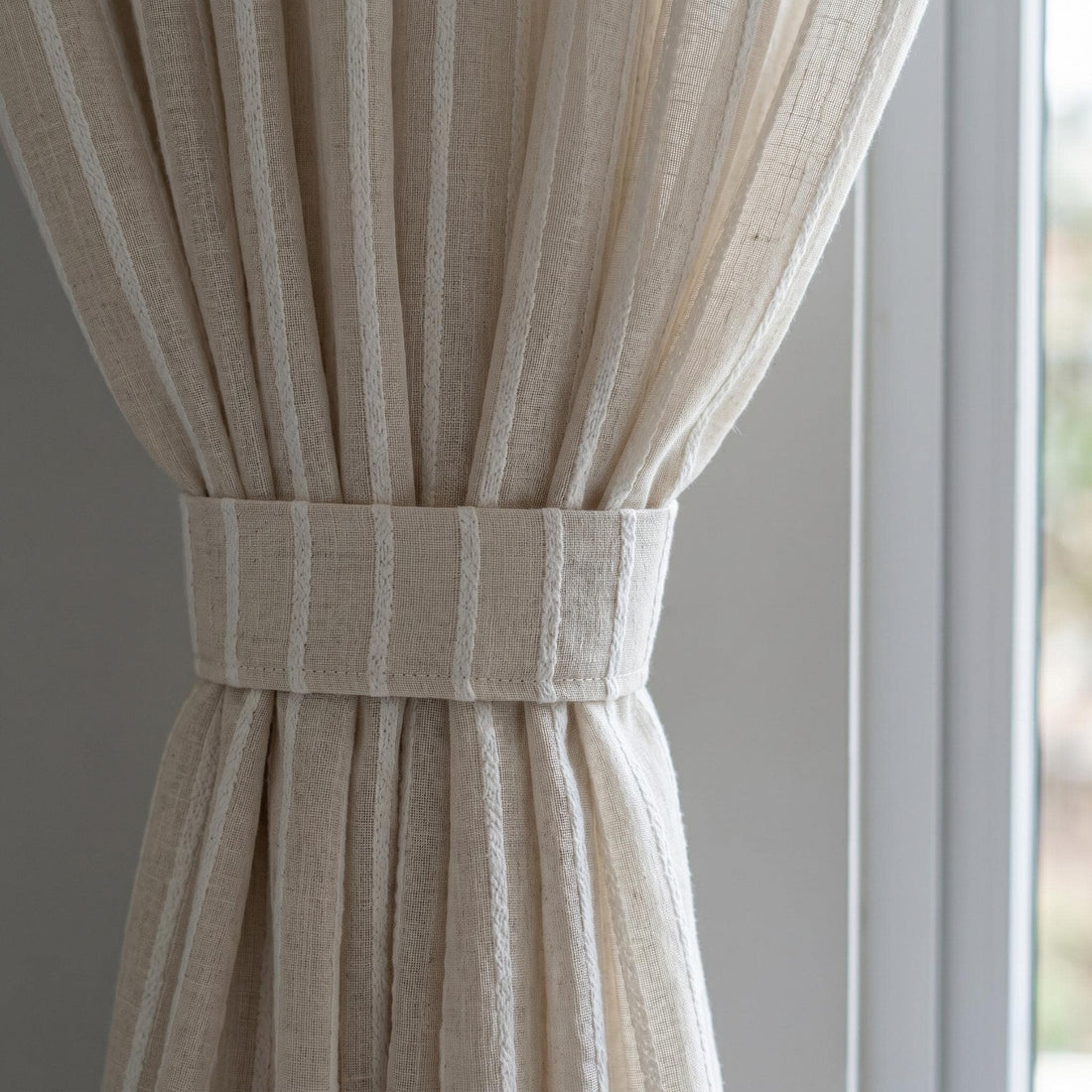 Oatmeal Linen Sheer Curtains, White Embroidered Stripe Drapes, Custom Neutral Privacy Panels, Rod or Track Window Curtains — image 1
