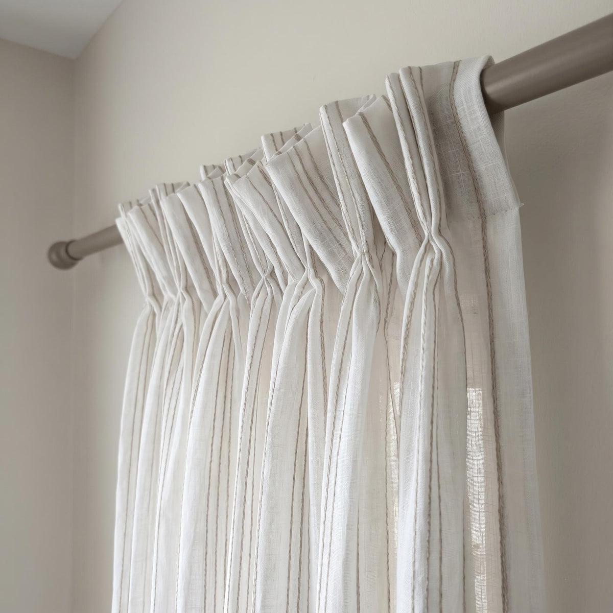 Pure White Linen Sheer Curtains, Taupe Embroidered Stripe Drapes, Custom Neutral Privacy Window Panels — image 3