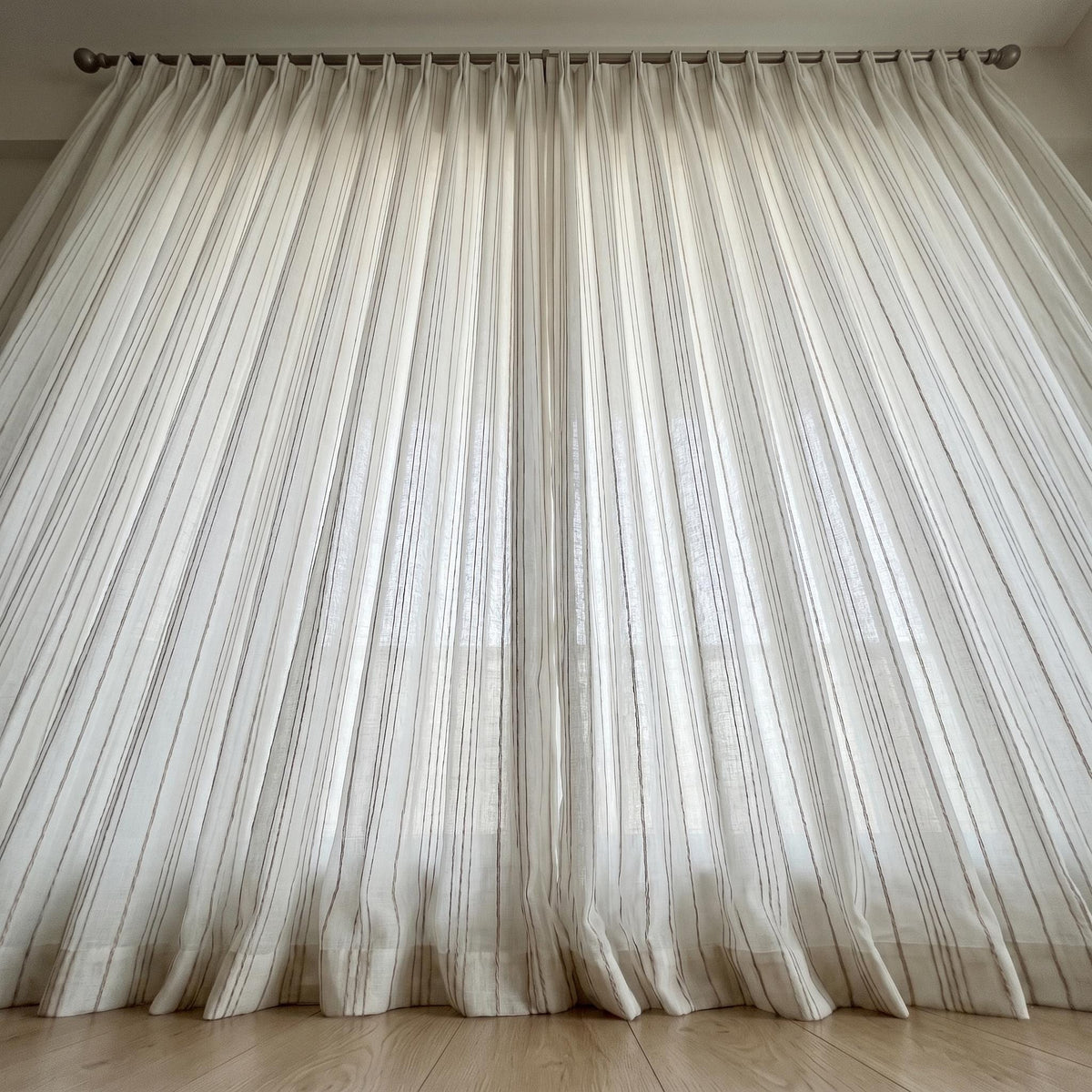 Pure White Linen Sheer Curtains, Taupe Embroidered Stripe Drapes, Custom Neutral Privacy Window Panels — image 8