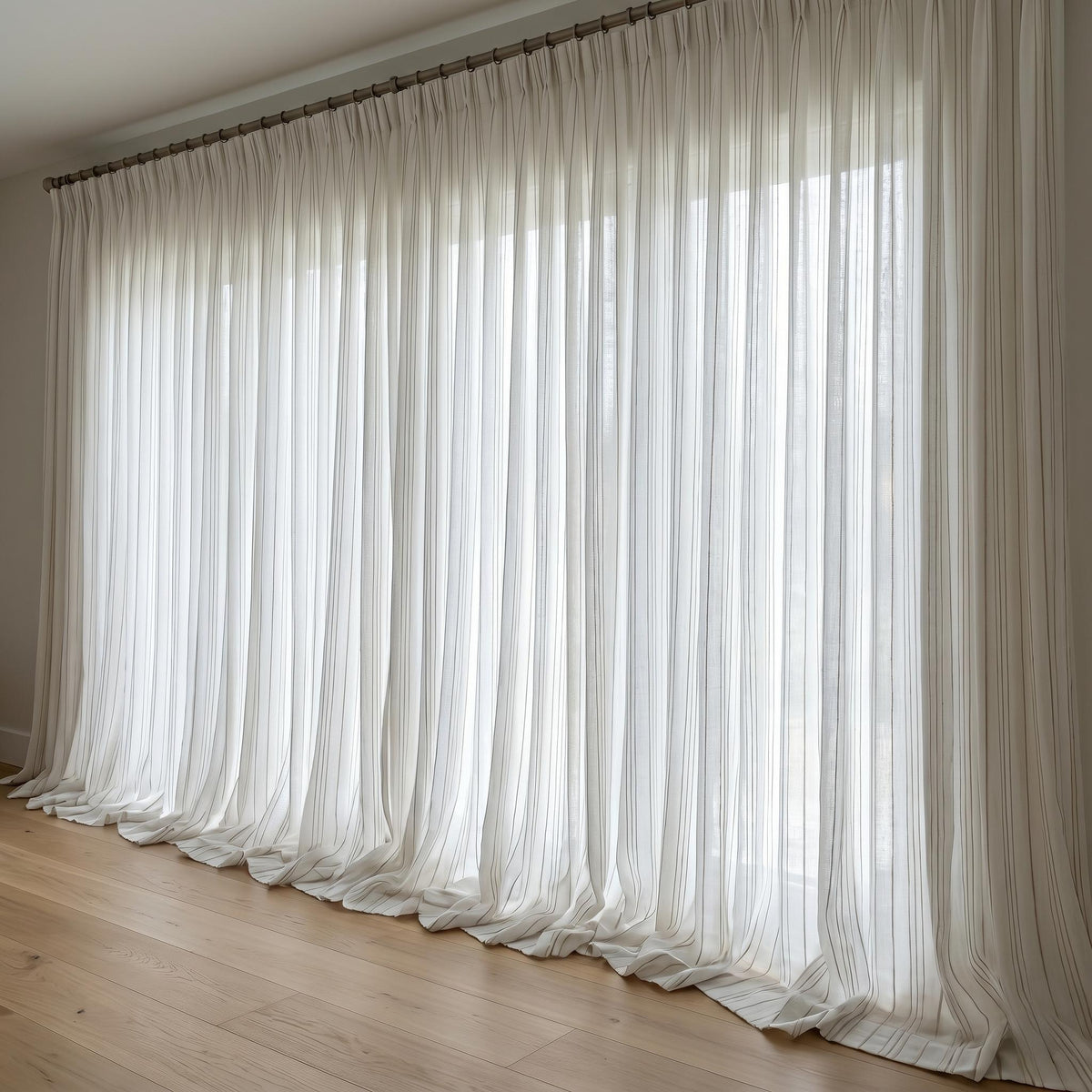 Pure White Linen Sheer Curtains, Taupe Embroidered Stripe Drapes, Custom Neutral Privacy Window Panels — image 6
