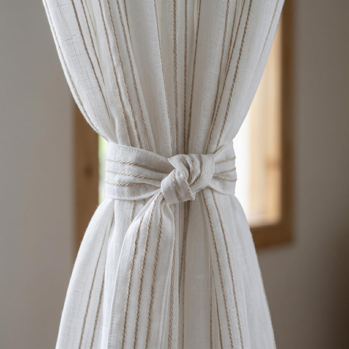 Pure White Linen Sheer Curtains, Taupe Embroidered Stripe Drapes, Custom Neutral Privacy Window Panels — image 4