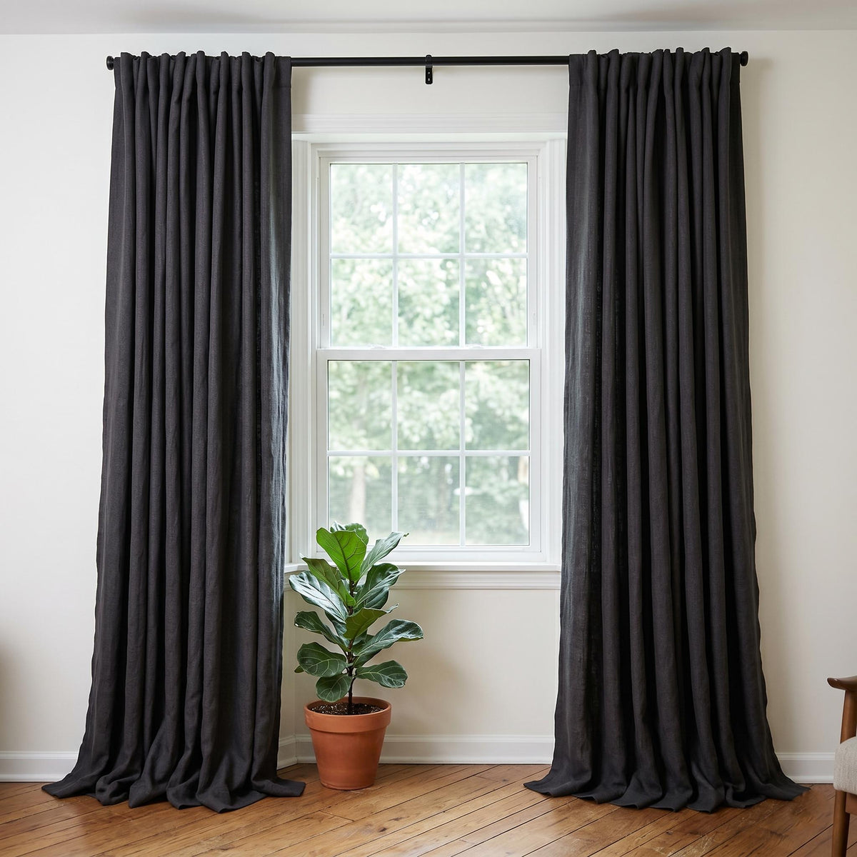 Dark Charcoal Pure Linen Herringbone Curtains, Custom Blackout Drapes, Organic Cotton Lined Panels, Grommet Curtains — image 4
