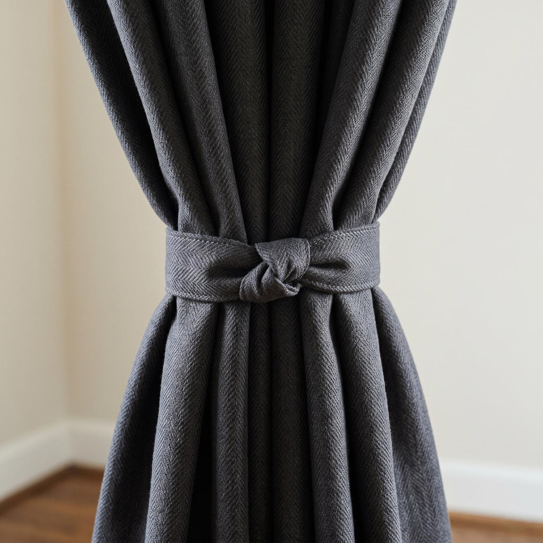 Dark Charcoal Pure Linen Herringbone Curtains, Custom Blackout Drapes, Organic Cotton Lined Panels, Grommet Curtains — image 1