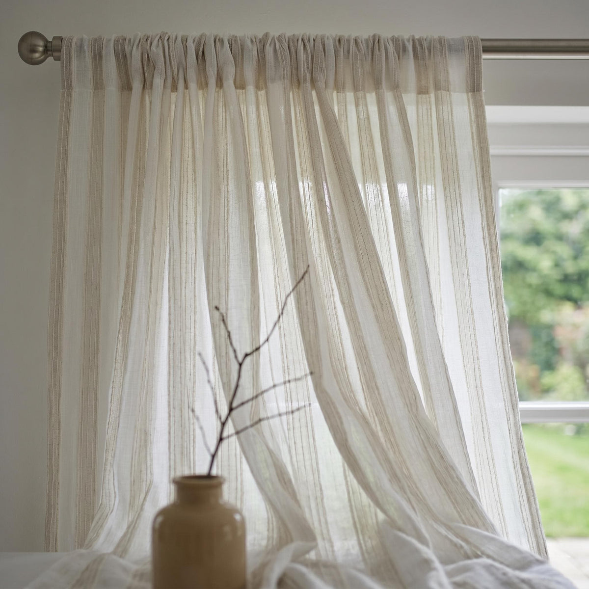 White Linen Sheer Curtains, Cream Embroidered Stripe Drapes, Custom Neutral Privacy Window Panels for Rod or Track — image 3