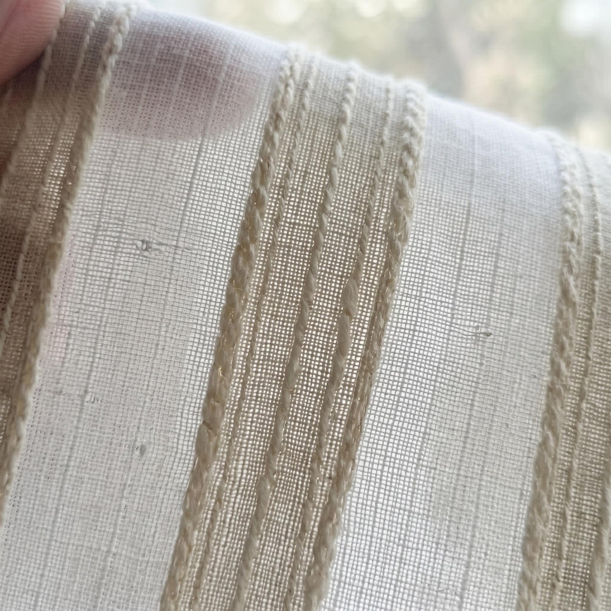 White Linen Sheer Curtains, Cream Embroidered Stripe Drapes, Custom Neutral Privacy Window Panels for Rod or Track — image 5