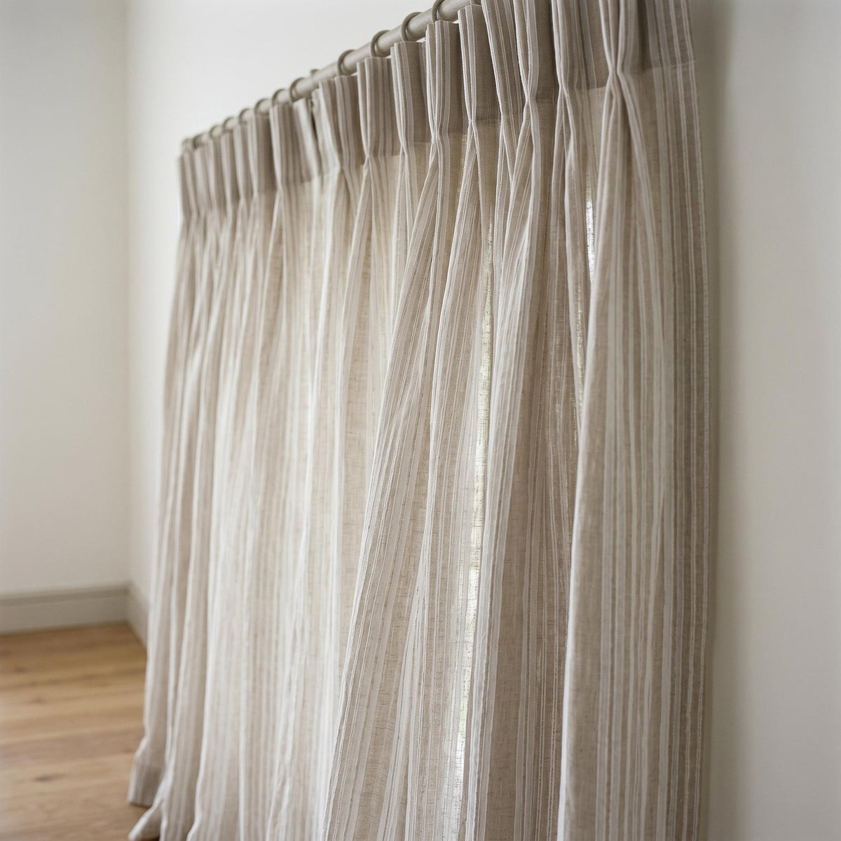 Natural Taupe Linen Sheer Curtains, Pure White Embroidered Stripe Drapes, Custom Neutral Privacy Window Panels — image 5