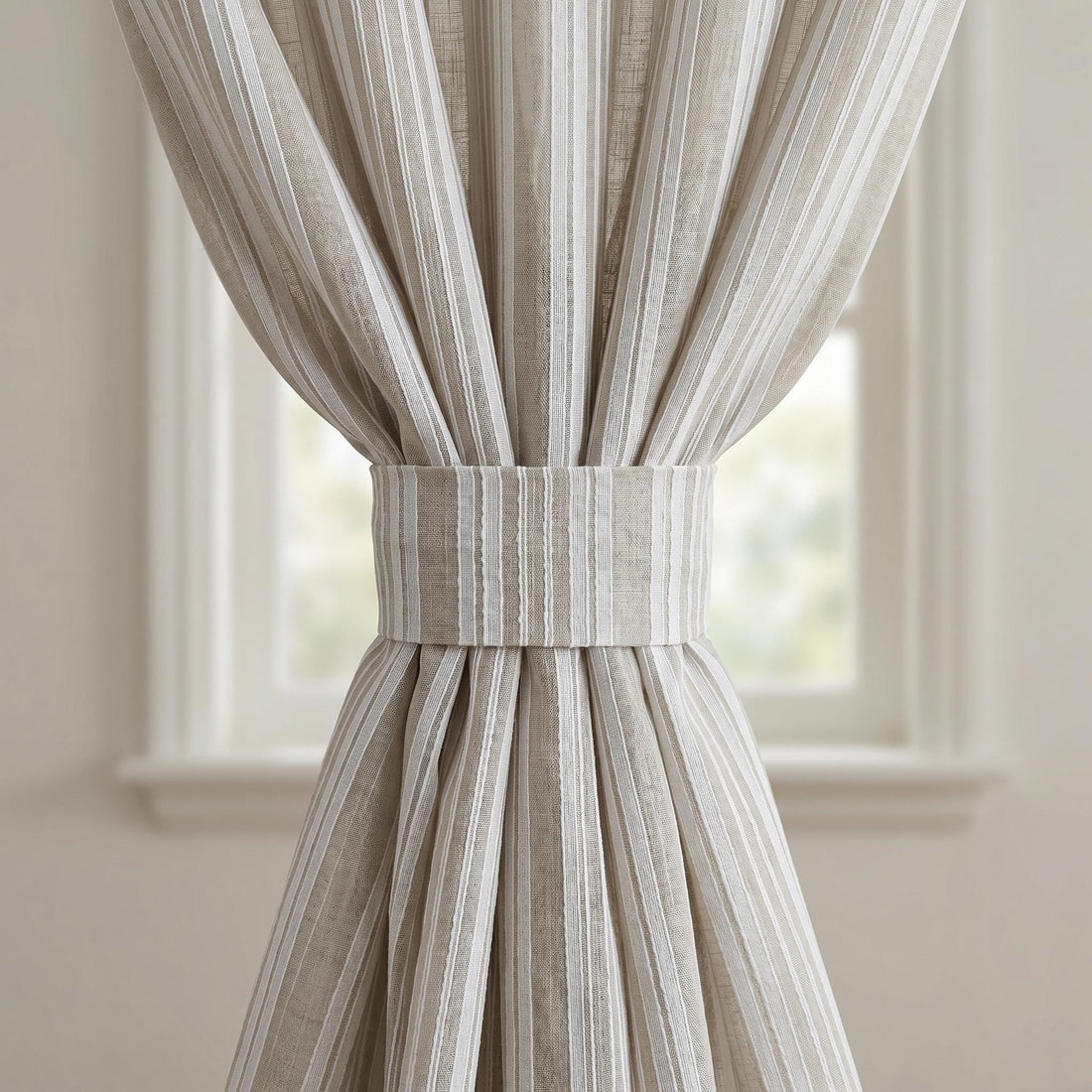 Natural Taupe Linen Sheer Curtains, Pure White Embroidered Stripe Drapes, Custom Neutral Privacy Window Panels — image 1