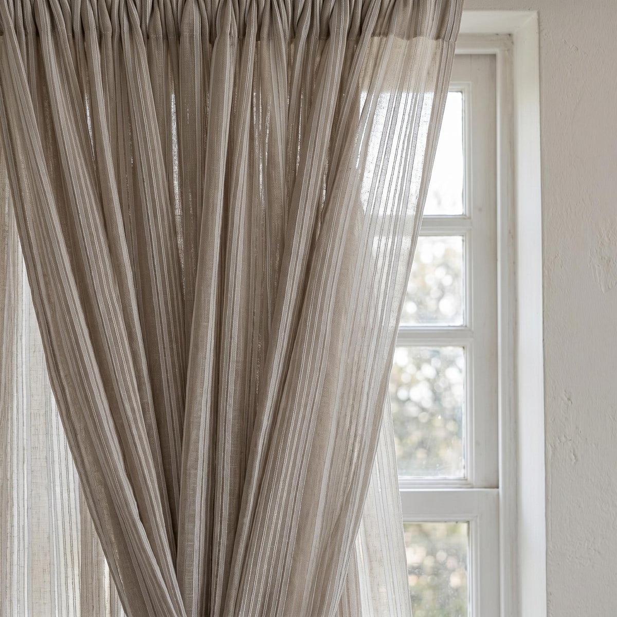 Natural Taupe Linen Sheer Curtains, Pure White Embroidered Stripe Drapes, Custom Neutral Privacy Window Panels — image 4