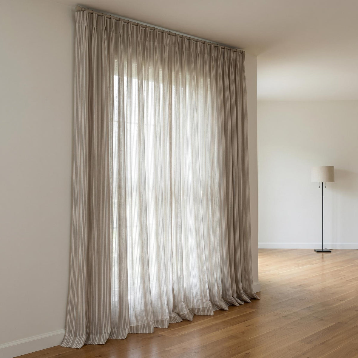 Natural Taupe Linen Sheer Curtains, Pure White Embroidered Stripe Drapes, Custom Neutral Privacy Window Panels — image 7