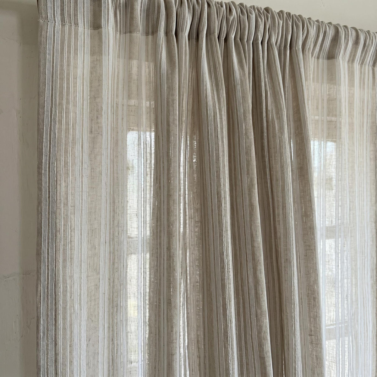 Natural Taupe Linen Sheer Curtains, Pure White Embroidered Stripe Drapes, Custom Neutral Privacy Window Panels — image 8