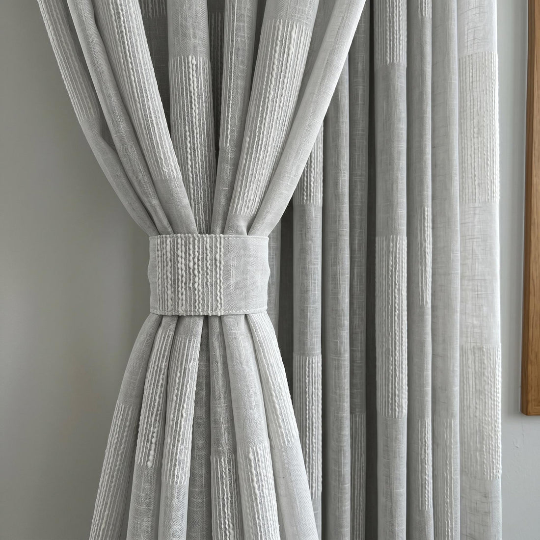 Light Grey Pure Linen Sheer Curtains, Off White Embroidered Drapes, Geometric Privacy Panels, Custom Curtains — image 1