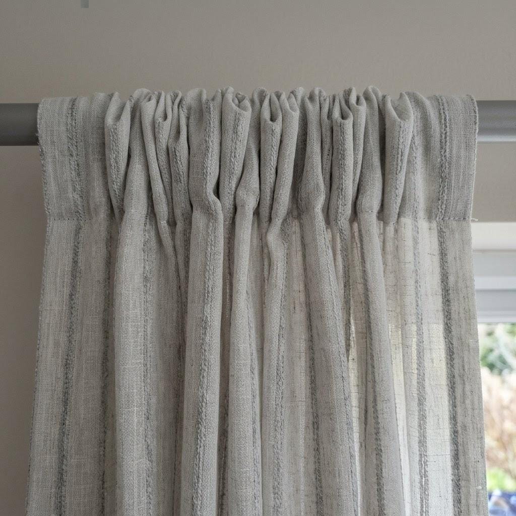 Light Grey Linen Sheer Curtains, Tonal Embroidered Stripe Drapes, Custom Privacy Panels, Neutral Window Curtains — image 5