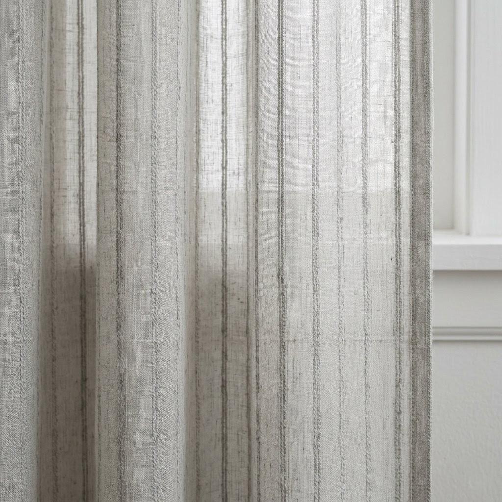 Light Grey Linen Sheer Curtains, Tonal Embroidered Stripe Drapes, Custom Privacy Panels, Neutral Window Curtains — image 4