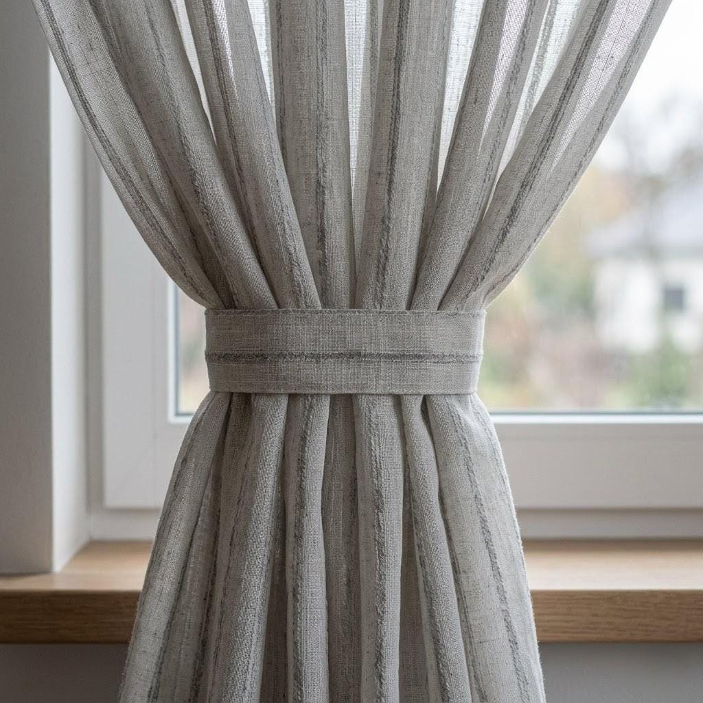 Light Grey Linen Sheer Curtains, Tonal Embroidered Stripe Drapes, Custom Privacy Panels, Neutral Window Curtains — image 7