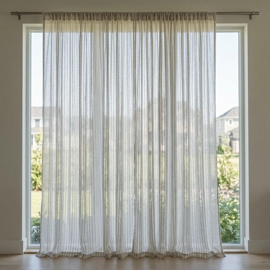 Light Grey Linen Sheer Curtains, Tonal Embroidered Stripe Drapes, Custom Privacy Panels, Neutral Window Curtains — image 6