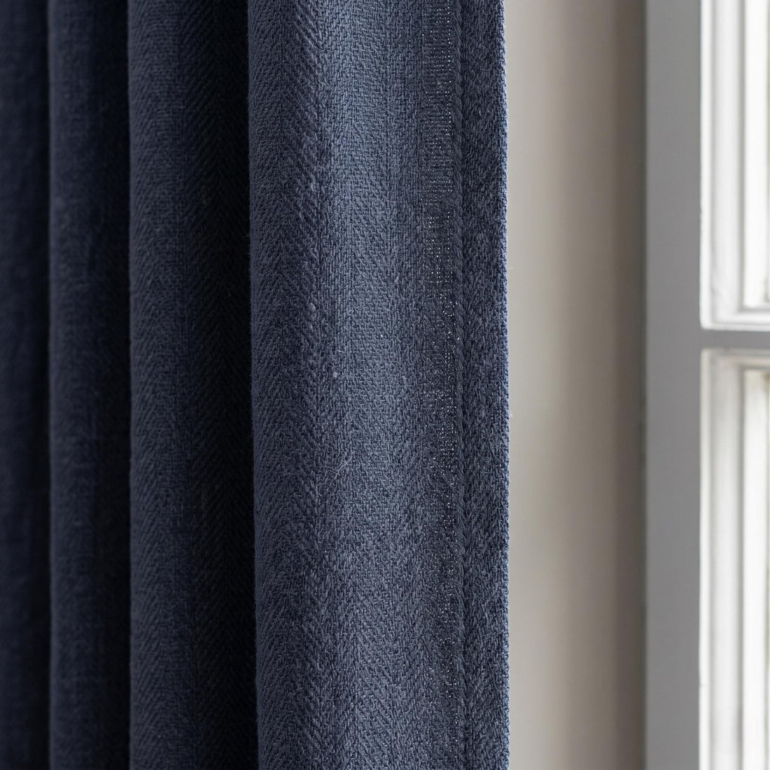 Dark Navy Blue Herringbone Pure Linen Curtains, Custom Blackout or Cotton Lined Drapes, Rod Pocket, Back Tab, Hooks, Grommet — image 1