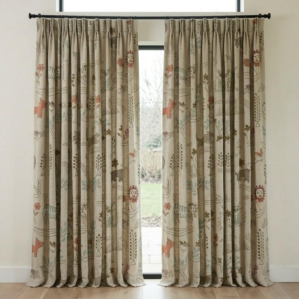 Woodland Animal Linen Curtains, Heavy Natural Oatmeal Nursery Drapes, Safari Folk Print Panels, Cotton Lined or Blackout — image 5