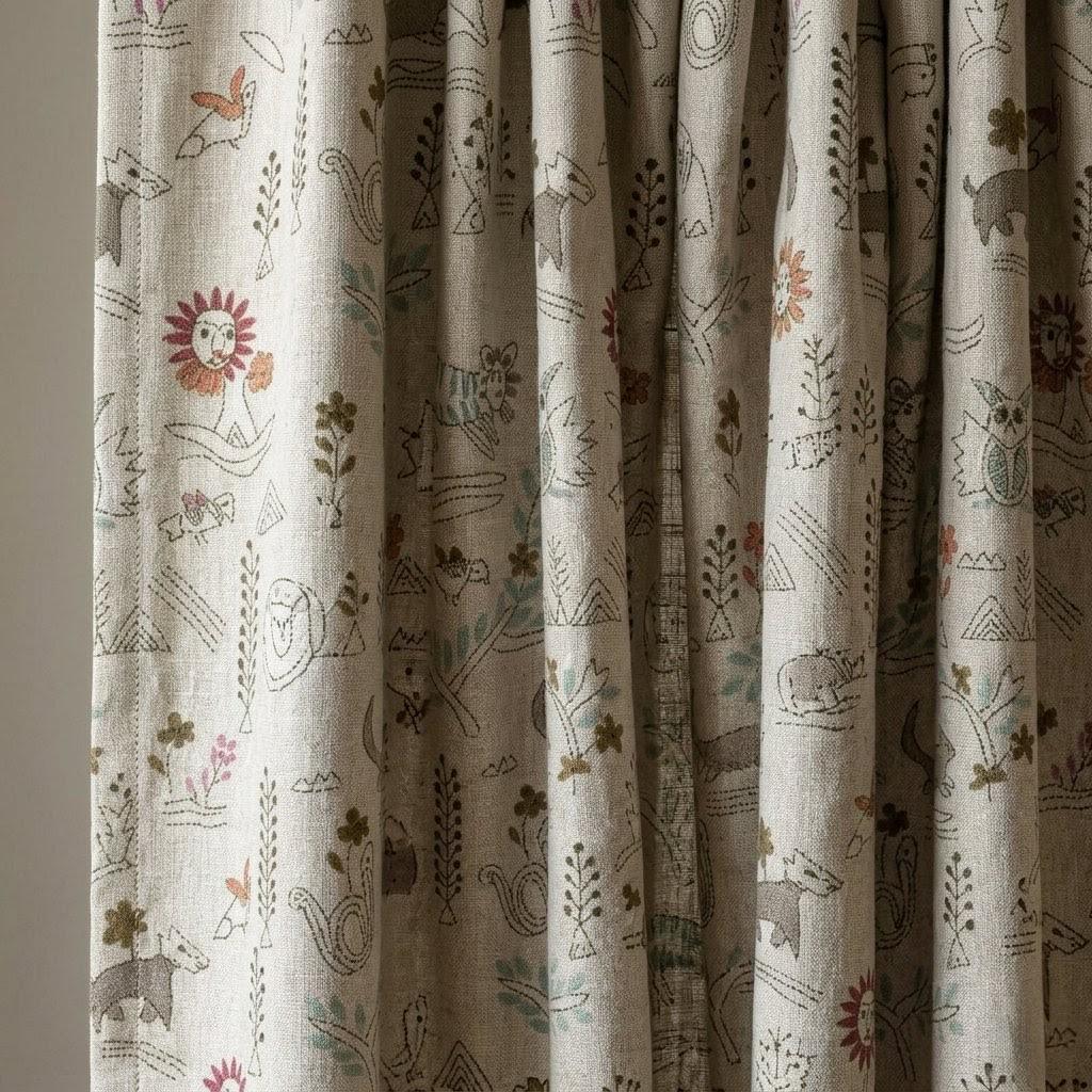 Woodland Animal Linen Curtains, Heavy Natural Oatmeal Nursery Drapes, Safari Folk Print Panels, Cotton Lined or Blackout — image 6