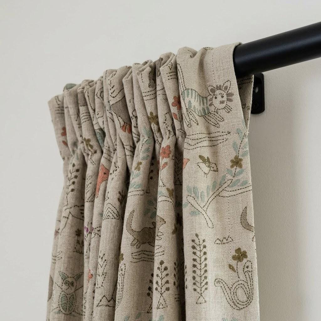 Woodland Animal Linen Curtains, Heavy Natural Oatmeal Nursery Drapes, Safari Folk Print Panels, Cotton Lined or Blackout — image 4