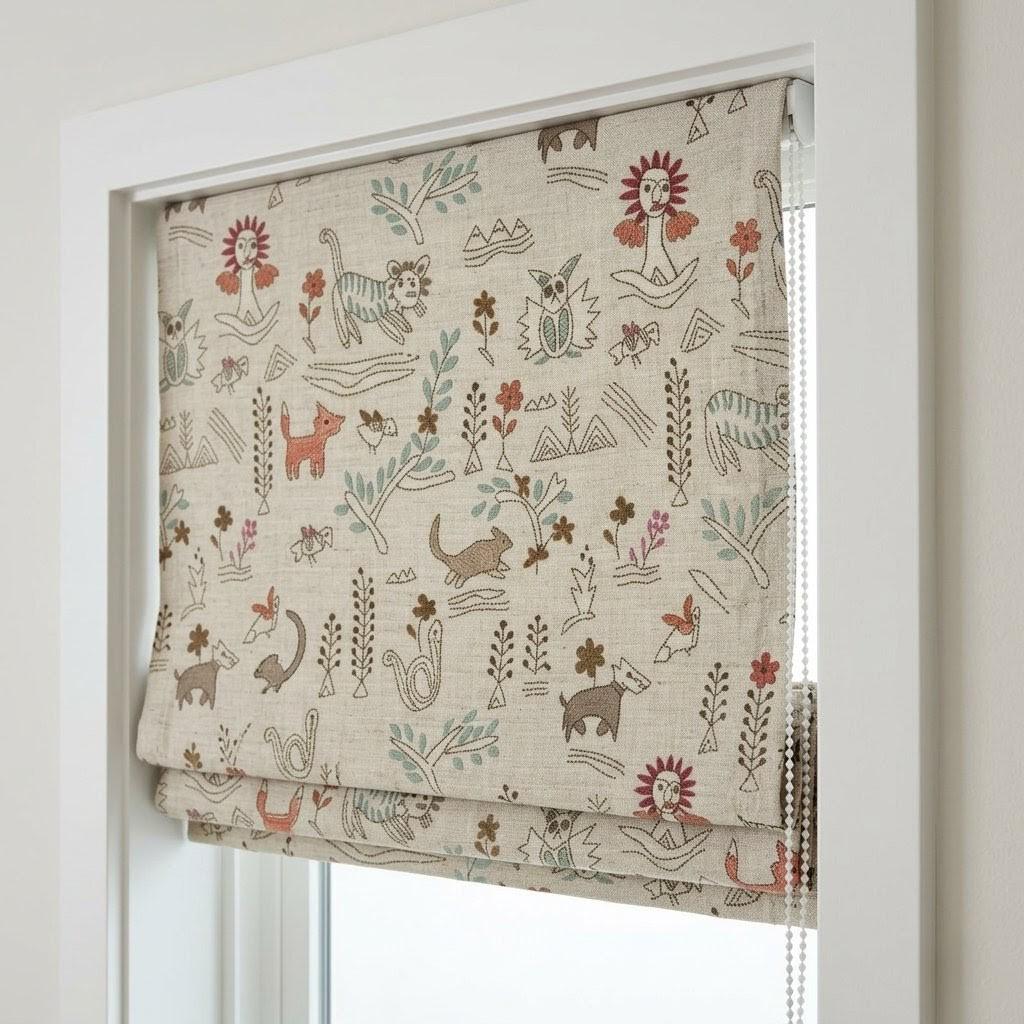 Woodland Animal Linen Roman Shade, Nursery Blind, Oatmeal Beige Fox Rabbit Print, Custom Corded Blackout Window Shade — image 4