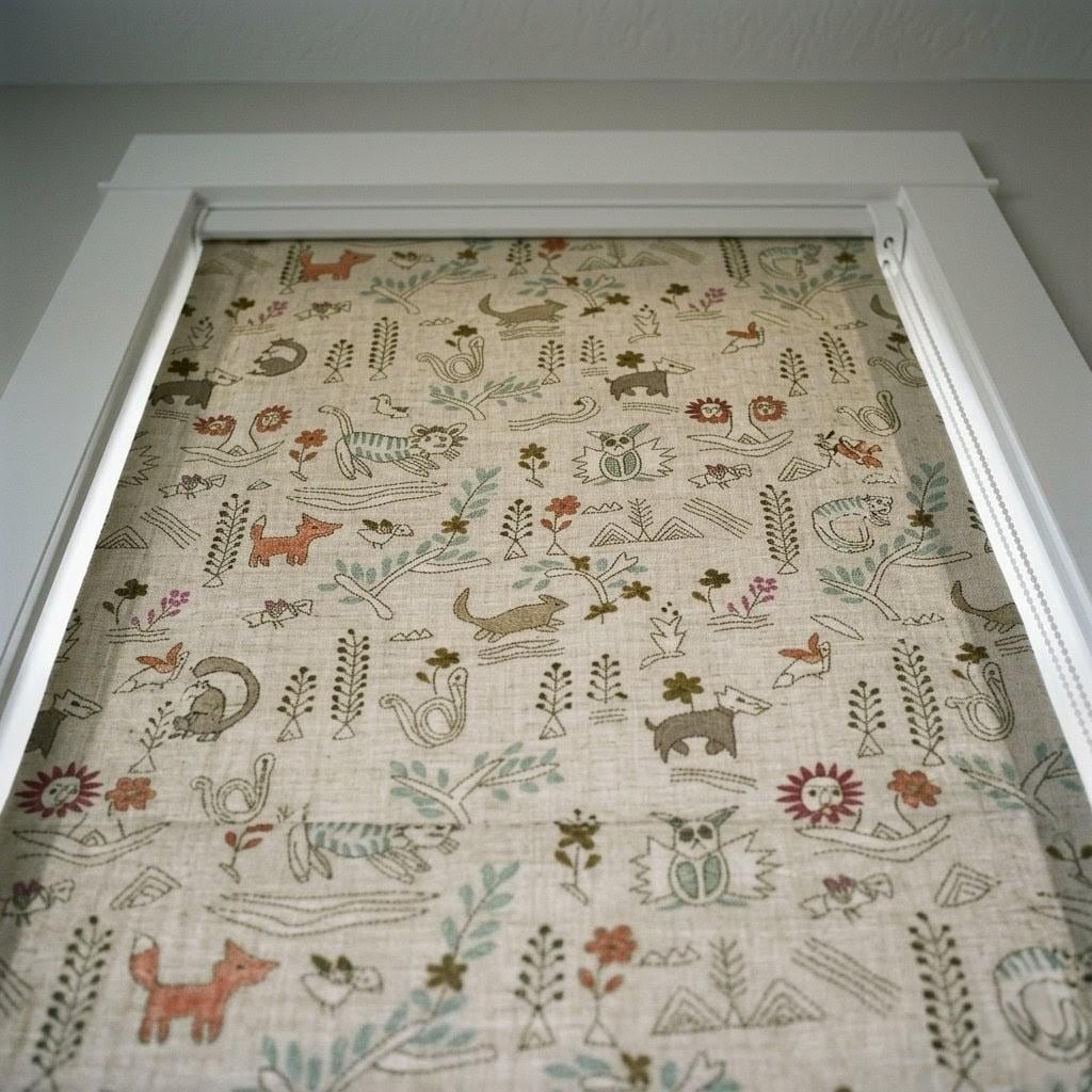 Woodland Animal Linen Roman Shade, Nursery Blind, Oatmeal Beige Fox Rabbit Print, Custom Corded Blackout Window Shade — image 3