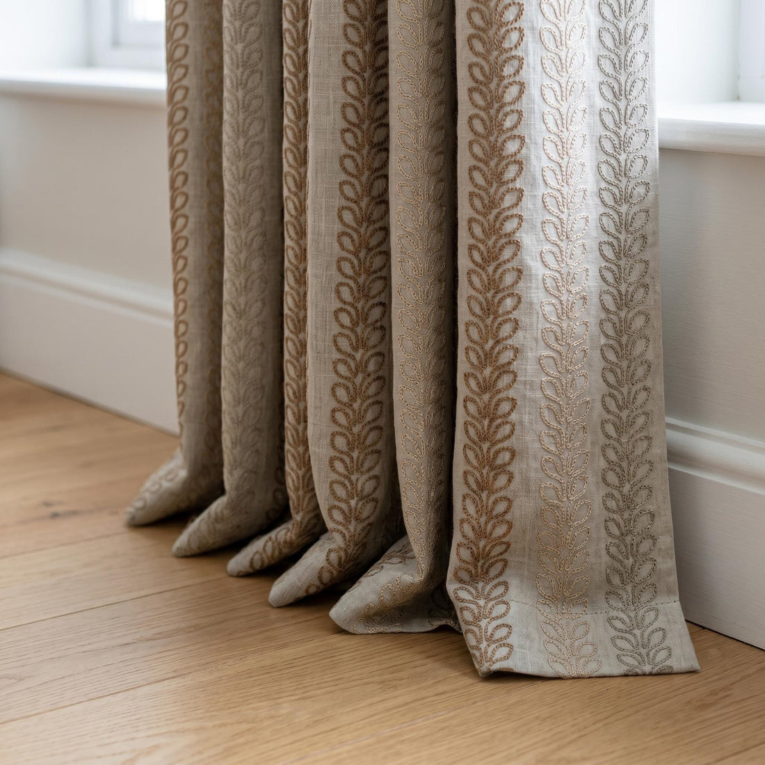 Natural Taupe Linen Embroidered Curtains, Leaf Vine Farmhouse Drapes, Heavy Linen Panels, Cotton Lined or Blackout — image 1
