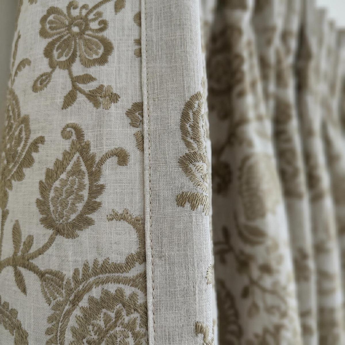 Natural Taupe Linen Embroidered Curtains, Floral Vine Farmhouse Drapes, Heavy Linen Panels, Cotton Lined or Blackout — image 6