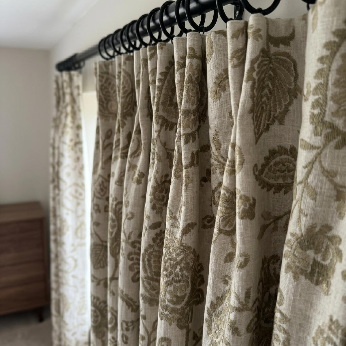 Natural Taupe Linen Embroidered Curtains, Floral Vine Farmhouse Drapes, Heavy Linen Panels, Cotton Lined or Blackout — image 10
