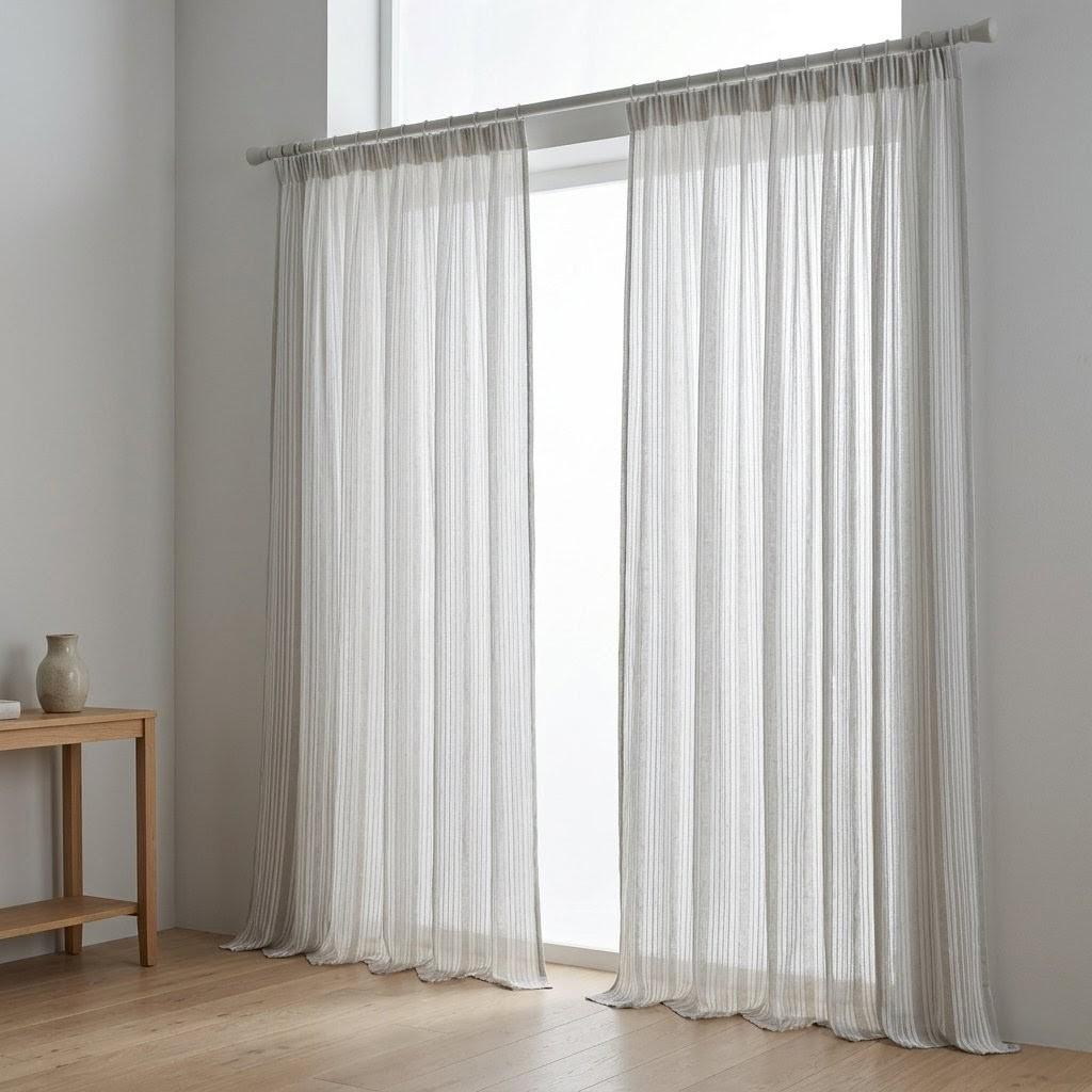 Light Grey Linen Sheer Curtains, White Embroidered Stripe Drapes, Custom Neutral Privacy Window Panels — image 7