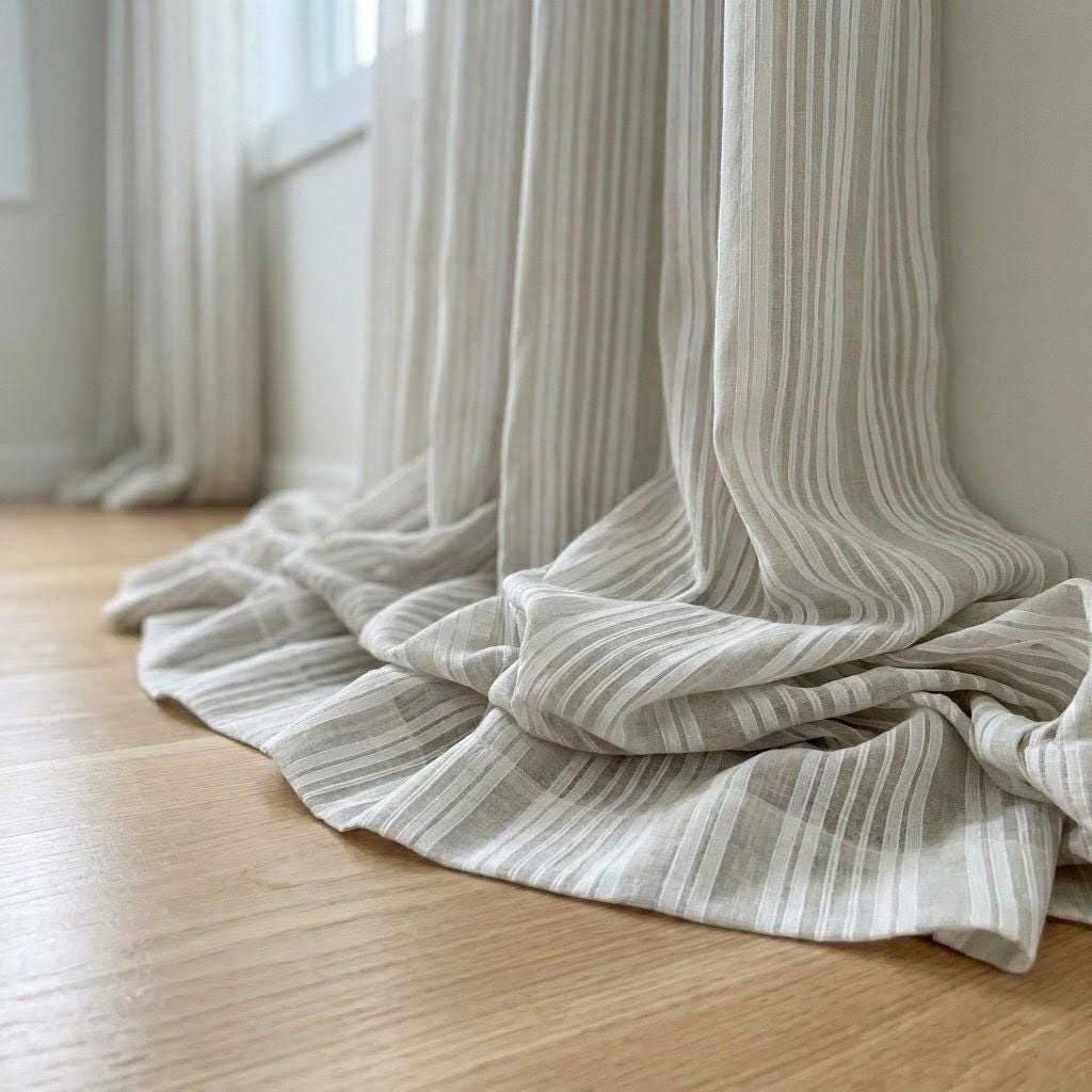 Light Grey Linen Sheer Curtains, White Embroidered Stripe Drapes, Custom Neutral Privacy Window Panels — image 1