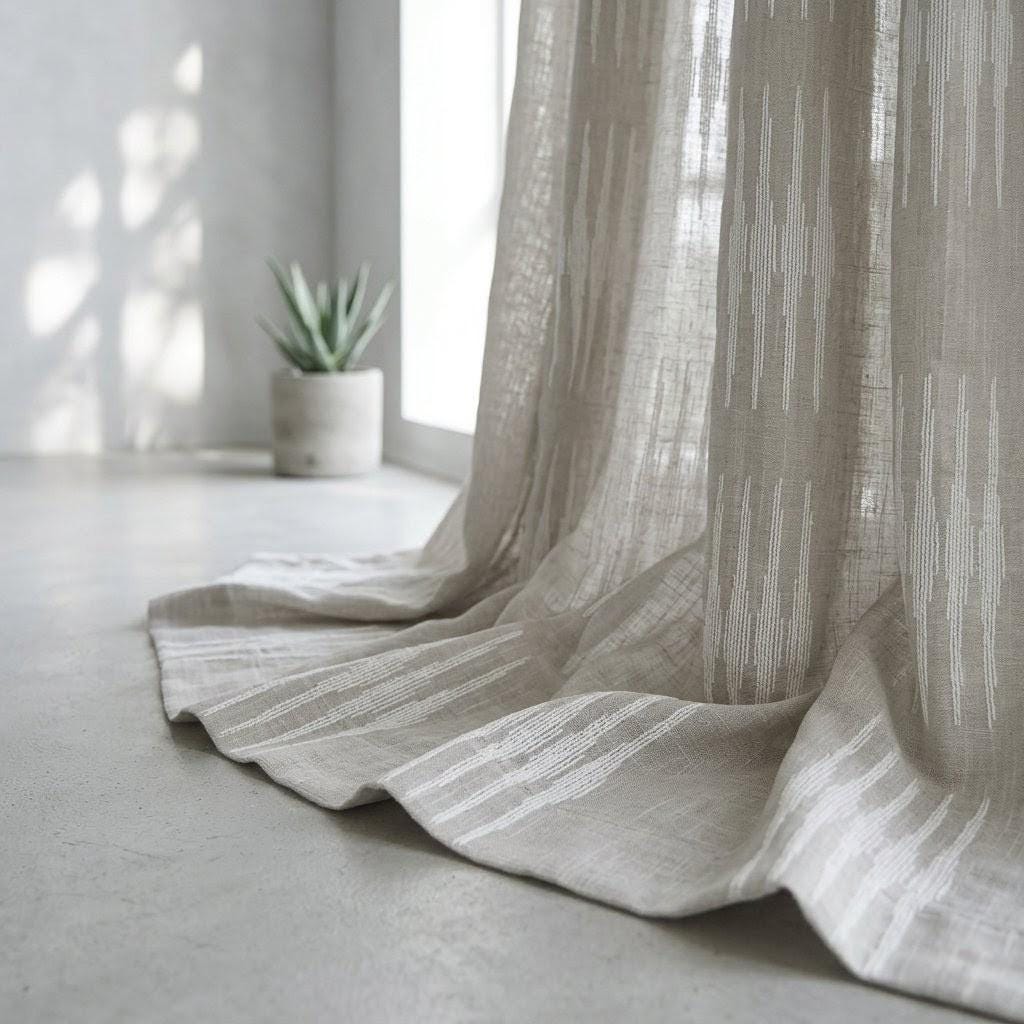 Light Grey Linen Sheer Curtains, White Embroidered Ikat Stripe Drapes, Custom Neutral Privacy Panels — image 5