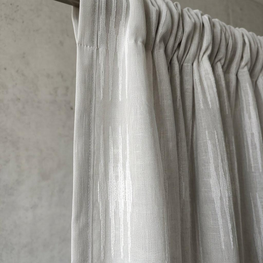 Light Grey Linen Sheer Curtains, White Embroidered Ikat Stripe Drapes, Custom Neutral Privacy Panels — image 9